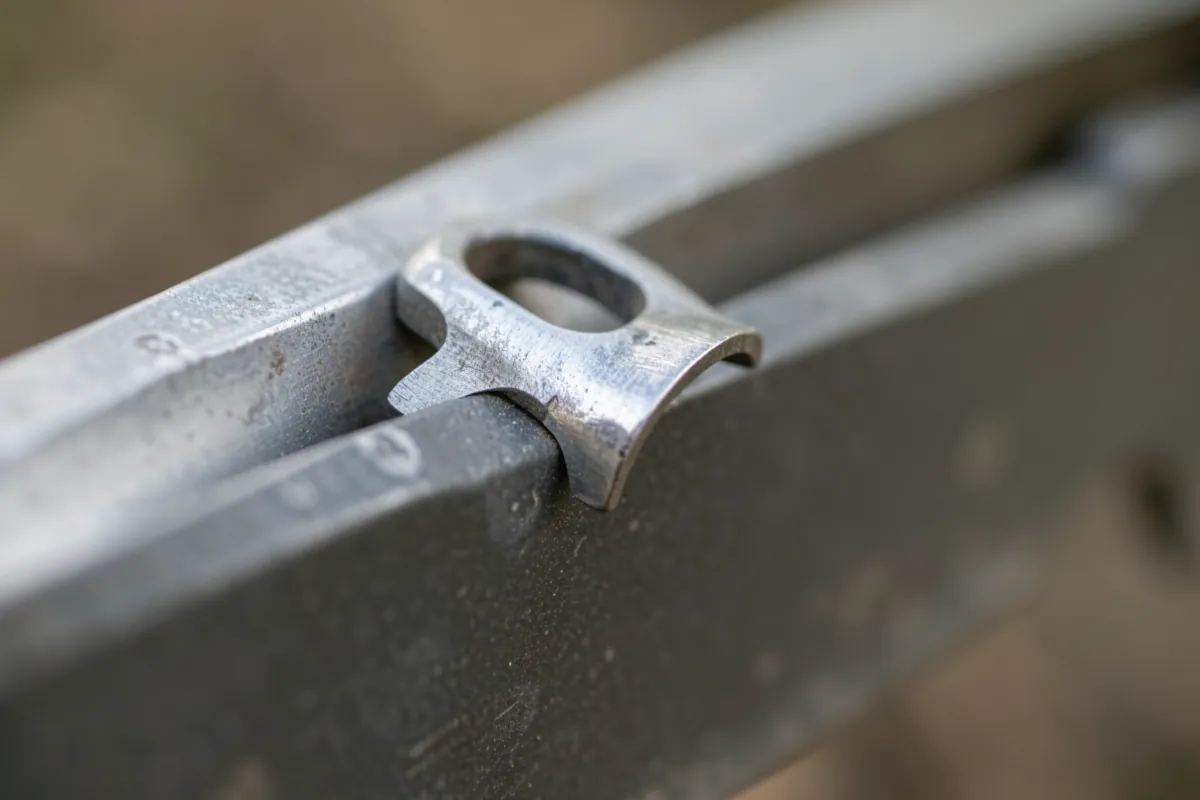 Lähikuva moottorisahan teräketjun hampaasta ja sen leikkuureunasta.