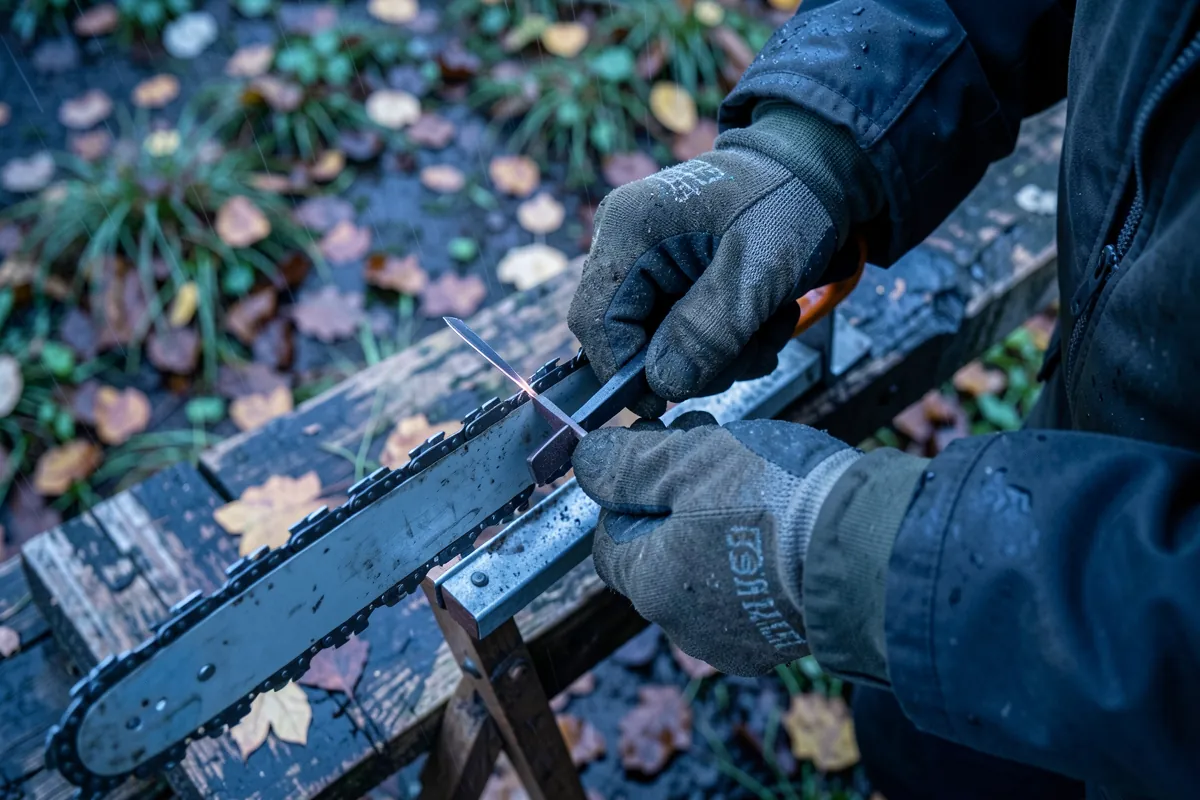 Henkilö teroittaa moottorisahan teräketjua ulkona viilaa käyttäen.