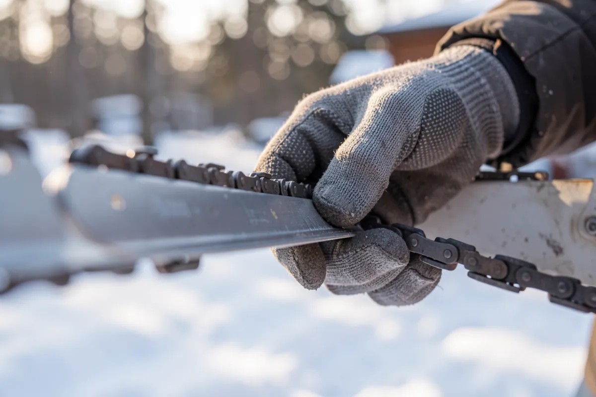Henkilö tarkistamassa moottorisahan teräketjun kireyttä suojakäsineet kädessä.