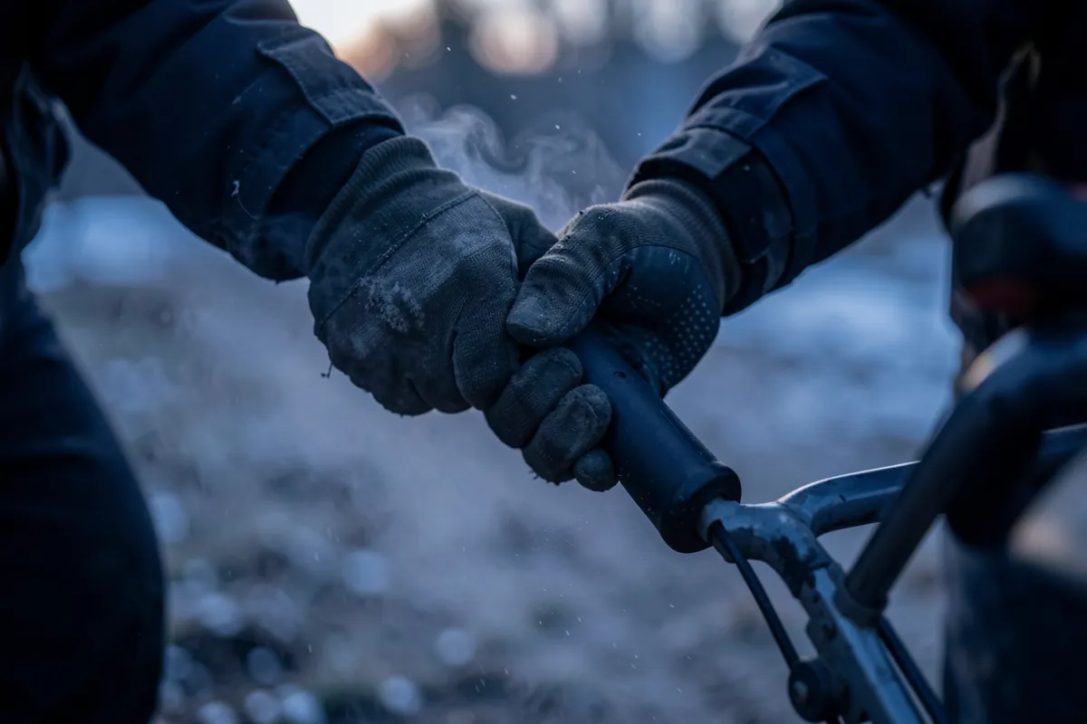 Henkilö käynnistää ruohonleikkuria vetämällä käynnistysnarusta.