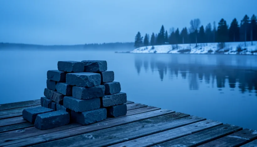 Kiuaskivien vaihto ja saunahuolto järven rannalla sinisen hetken aikaan.