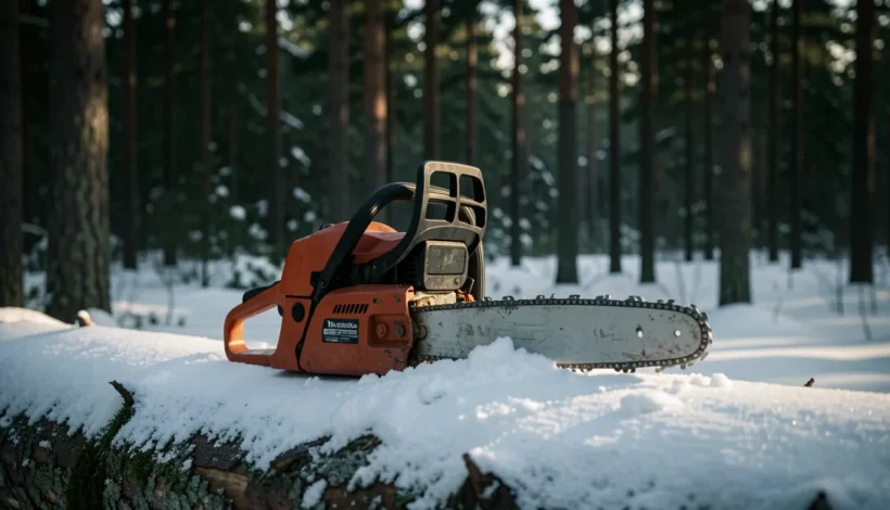 Kuinka päin moottorisahan ketju sijoitetaan talvisessa metsäympäristössä.