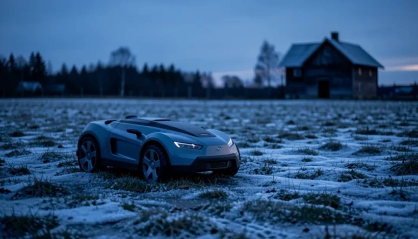 Moderni robottiruohonleikkuri odottaa talvisäilytystä suomalaisella maaseudulla hämärässä.