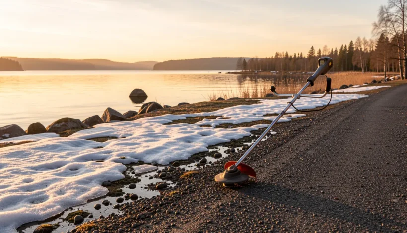 Ruohotrimmeri järven rannalla, trimmerin siiman vaihto onnistuu parhaiten rauhallisessa ympäristössä.