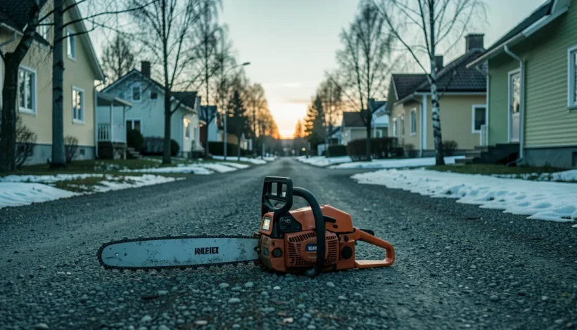 Moottorisaha säätöavain ja moottorisaha odottavat huoltoa keväisellä pihalla.