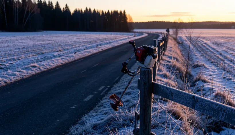 Raivaussaha ilmansuodatin -huollon yhteydessä metsätyökalu lepää lumisella maaseudulla.