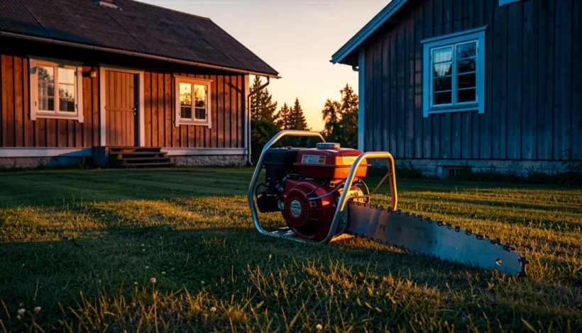 Raivaussaha käynnistys valmistelussa kesämökin pihapiirissä illan auringossa.
