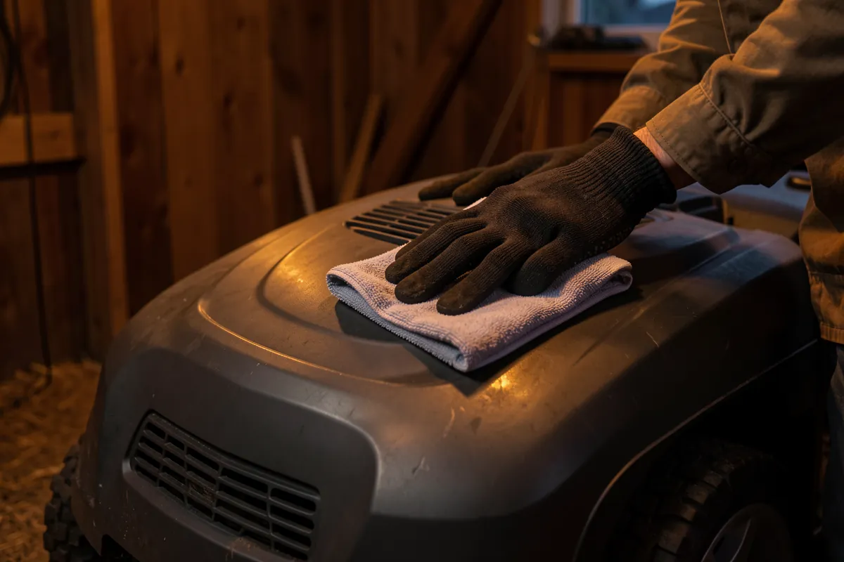 Robottiruohonleikkurin huolellinen puhdistaminen ennen talvisäilytystä.