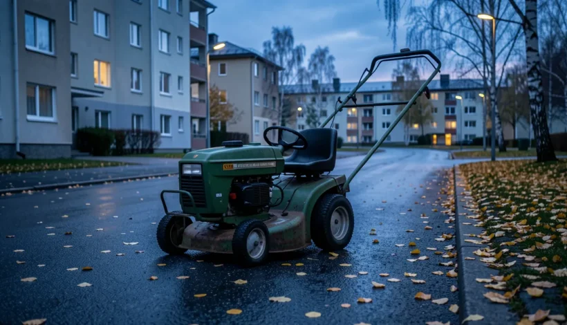 Ruohonleikkuri bensatankin korkki ja kone odottavat syyssäässä.