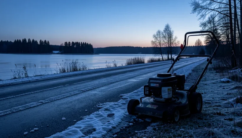 Ruohonleikkuri sammuu eikä käynnisty talven jäljiltä järvenrantatiellä.