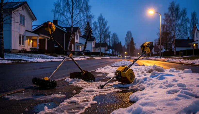 Raivaussaha ei käynnisty lämpimänä – työkalu odottaa lumisella tiellä sinisenä hetkenä.