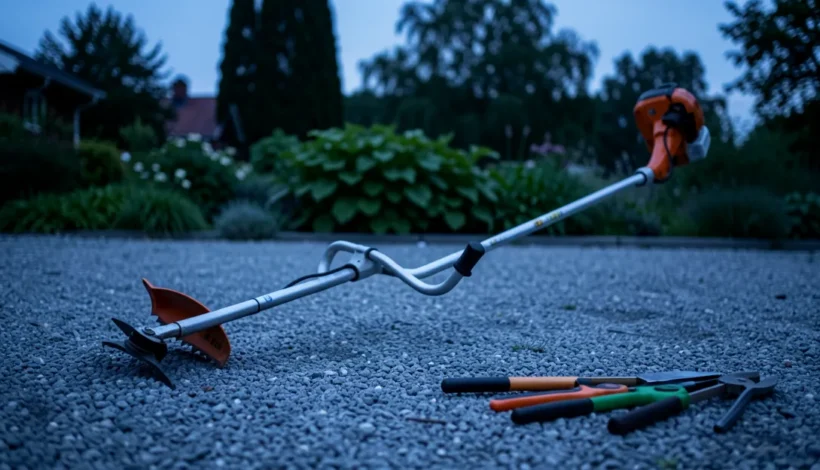 Stihl FS 38 trimmerin siiman vaihto valmisteluvaiheessa hämärtyvällä pihalla.