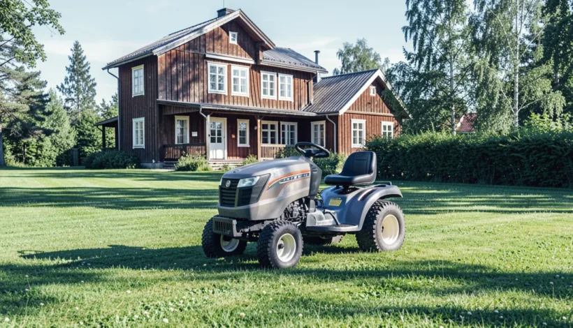 Huoltoa odottava Husqvarna ruohonleikkuri öljynvaihto edessä suomalaisessa pihapiirissä.
