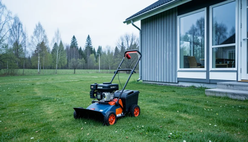 Oksasilppuri huolto: laite siistillä nurmikolla kevätpäivänä.