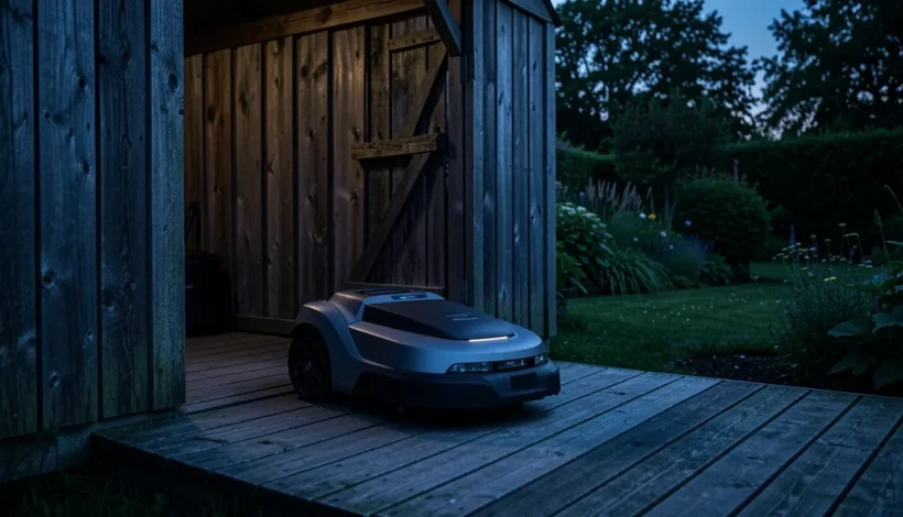 Gardena robottiruohonleikkuri huolto puutarhavajan oviaukossa sinisessä hämärässä.