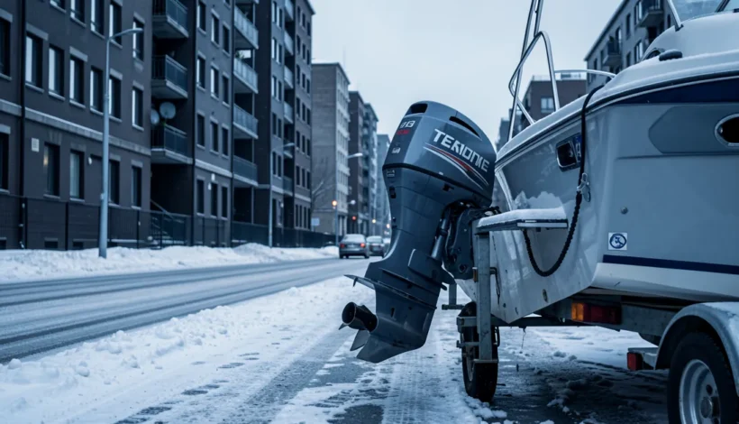 Honda perämoottori ei käynnisty talvisen kaupungin kadulla
