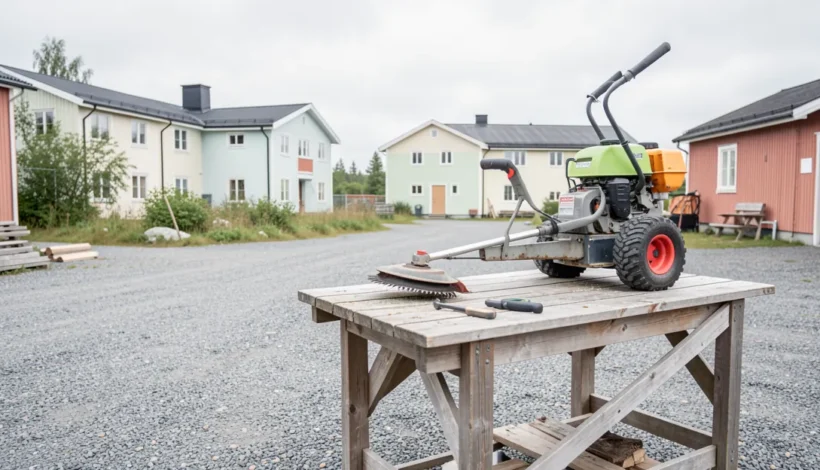 Stihl trimmeri käynnistys ja huolto ulkona pihamaalla.